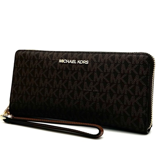 Michael Kors Large Travel Continental Wallet Wristlet Brown/Gold - Picture 1 of 10